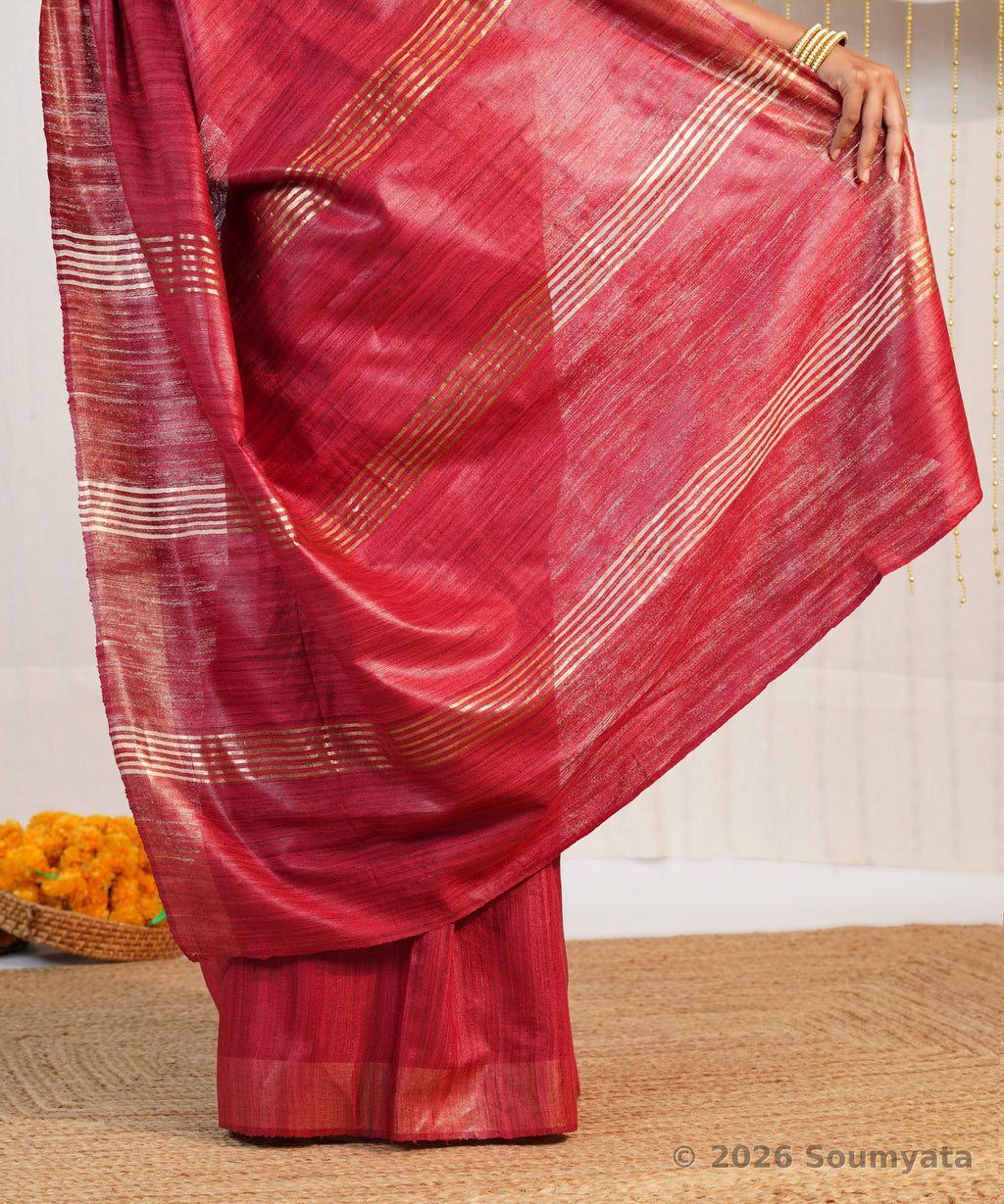 Rani Pink Tussar Ghicha Silk Saree with Zari Stripes – Bhagalpuri Handloom