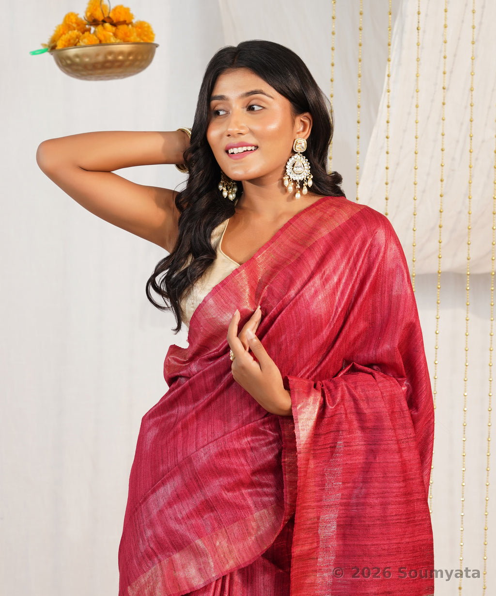 Rani Pink Tussar Ghicha Silk Saree with Zari Stripes – Bhagalpuri Handloom
