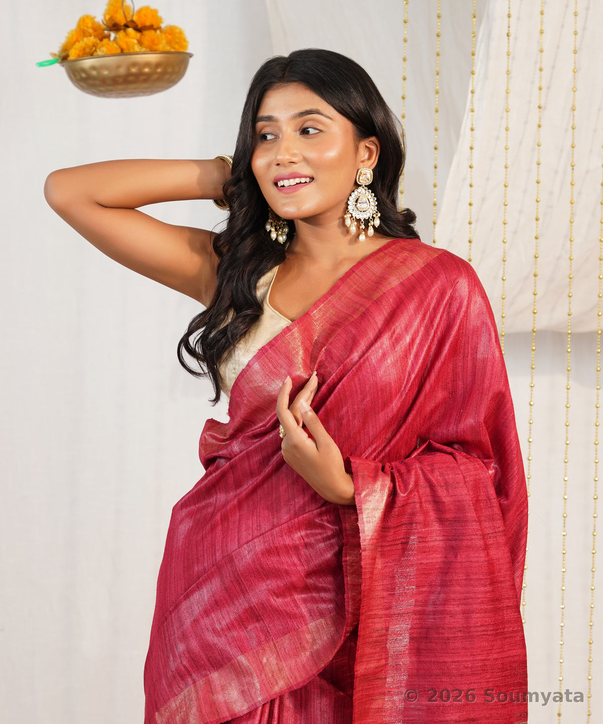Rani Pink Tussar Ghicha Silk Saree with Zari Stripes – Bhagalpuri Handloom