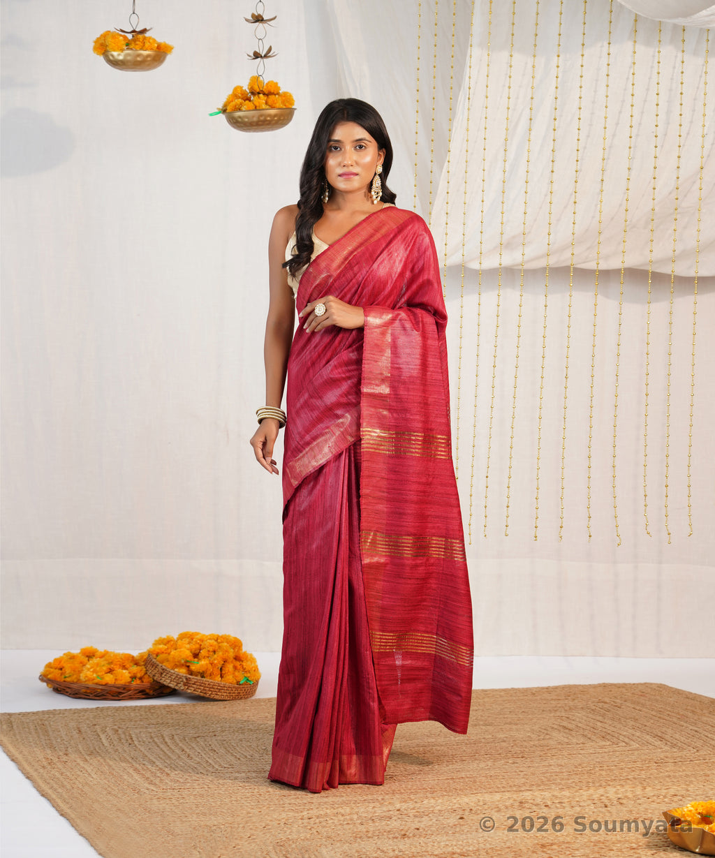Rani Pink Tussar Ghicha Silk Saree with Zari Stripes – Bhagalpuri Handloom