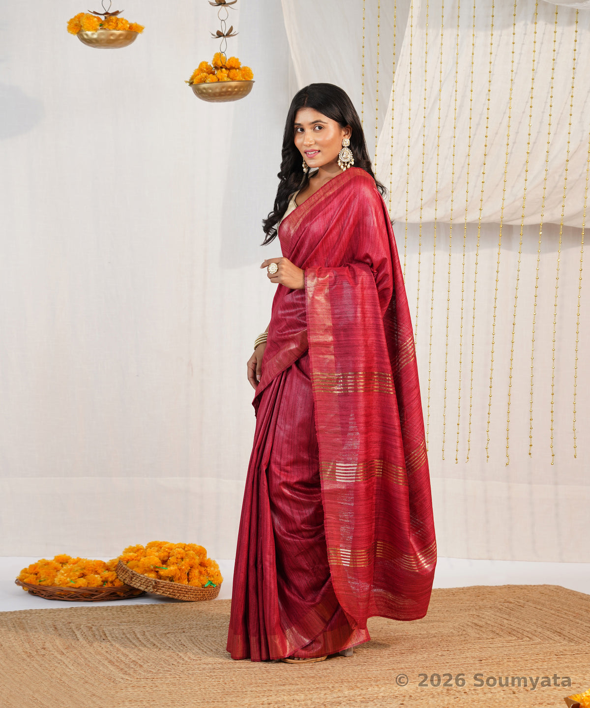 Rani Pink Tussar Ghicha Silk Saree with Zari Stripes – Bhagalpuri Handloom