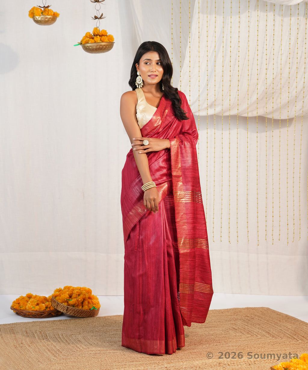 Rani Pink Tussar Ghicha Silk Saree with Zari Stripes – Bhagalpuri Handloom