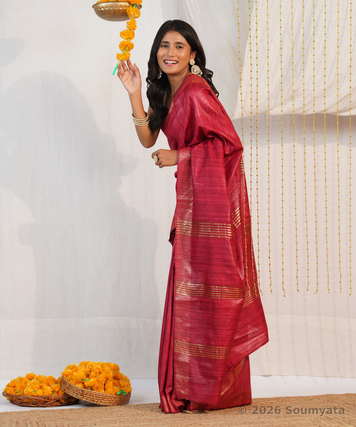 Rani Pink Tussar Ghicha Silk Saree with Zari Stripes – Bhagalpuri Handloom