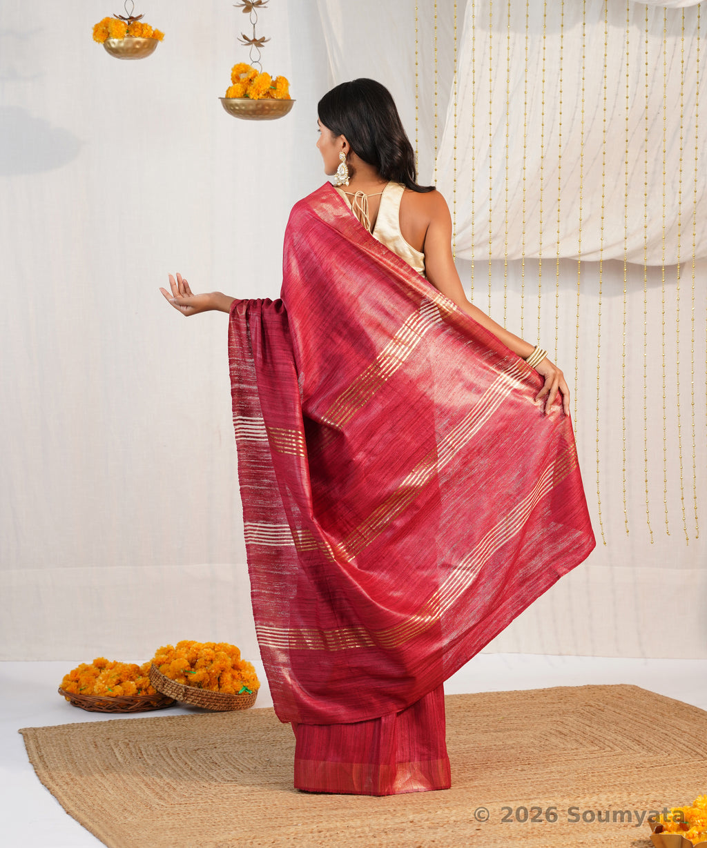 Rani Pink Tussar Ghicha Silk Saree with Zari Stripes – Bhagalpuri Handloom