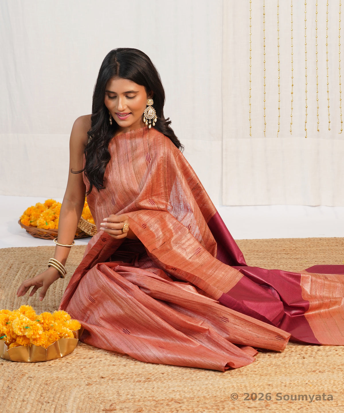 Terracotta Tussar Ghicha Silk Saree with Wine Pallu – Bhagalpuri Handloom