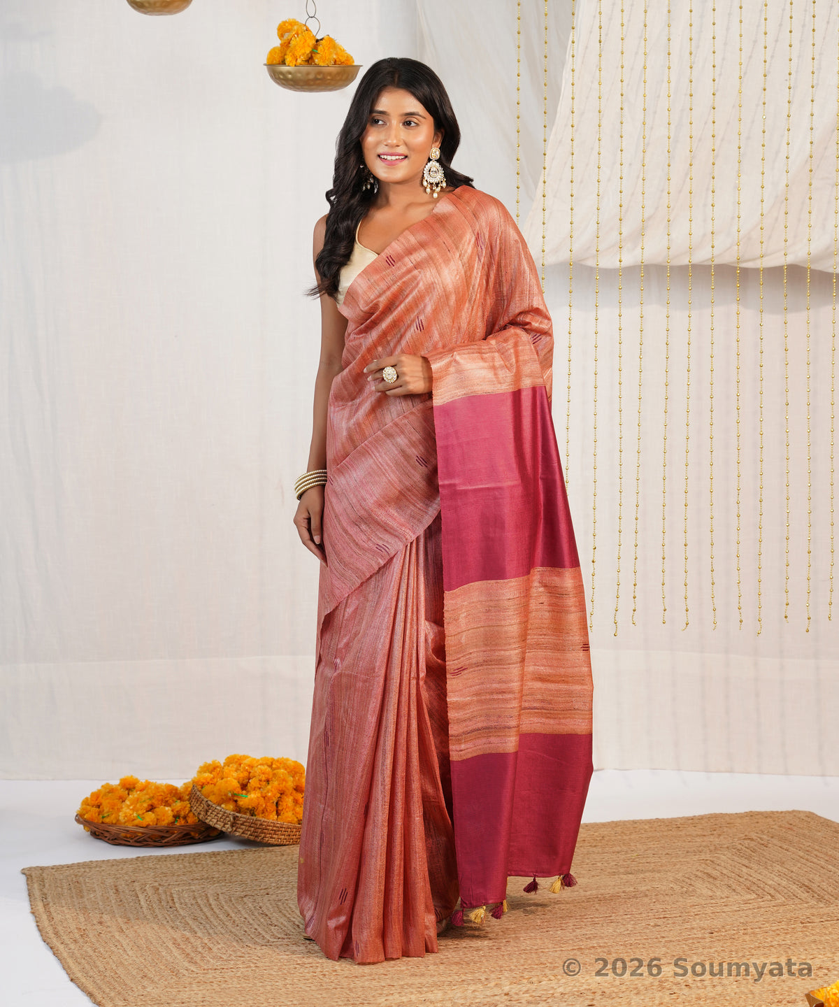 Terracotta Tussar Ghicha Silk Saree with Wine Pallu – Bhagalpuri Handloom