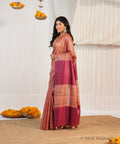 Terracotta Tussar Ghicha Silk Saree with Wine Pallu – Bhagalpuri Handloom