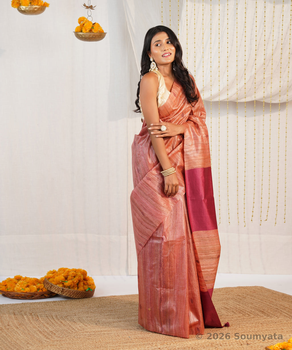 Terracotta Tussar Ghicha Silk Saree with Wine Pallu – Bhagalpuri Handloom