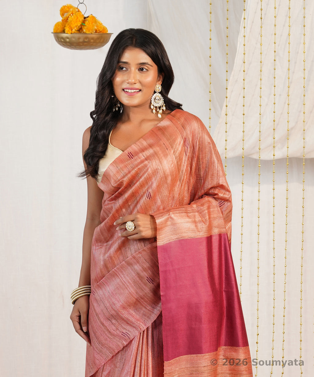 Terracotta Tussar Ghicha Silk Saree with Wine Pallu – Bhagalpuri Handloom