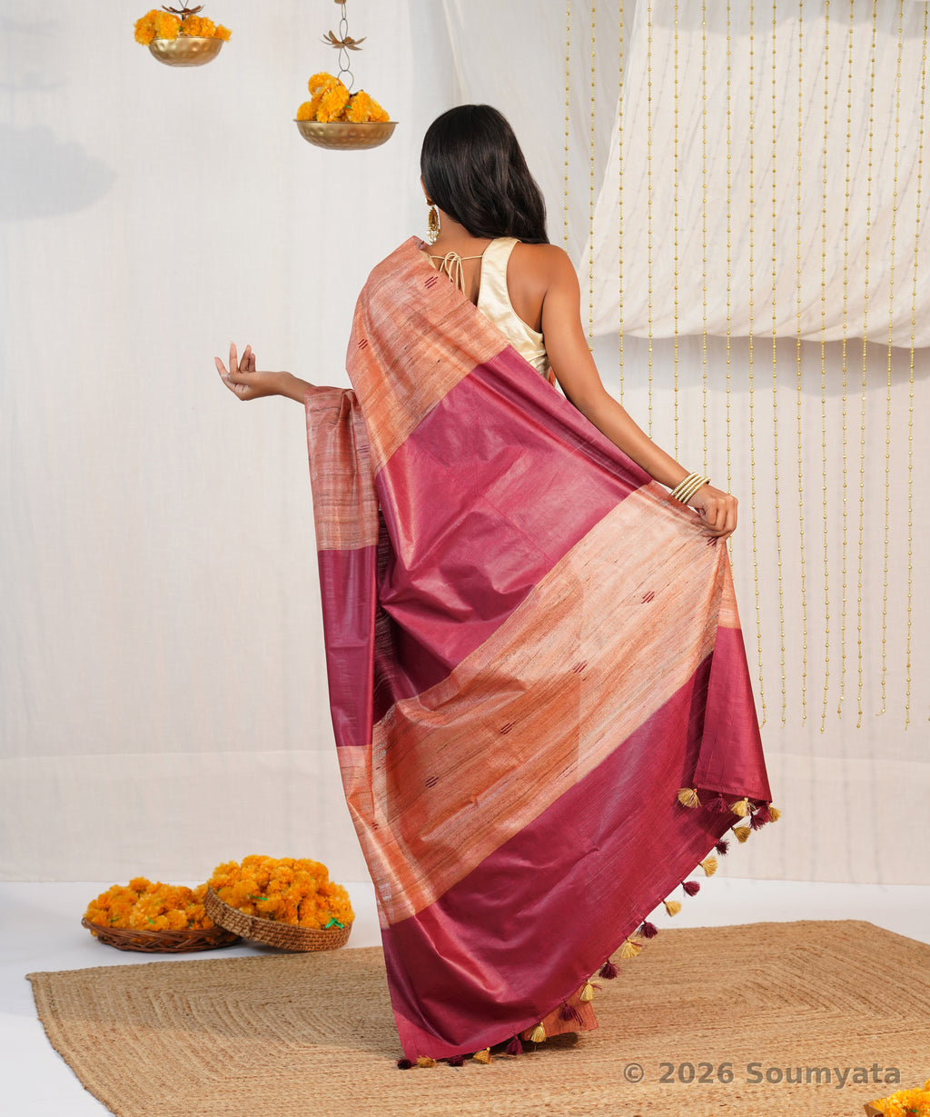 Terracotta Tussar Ghicha Silk Saree with Wine Pallu – Bhagalpuri Handloom