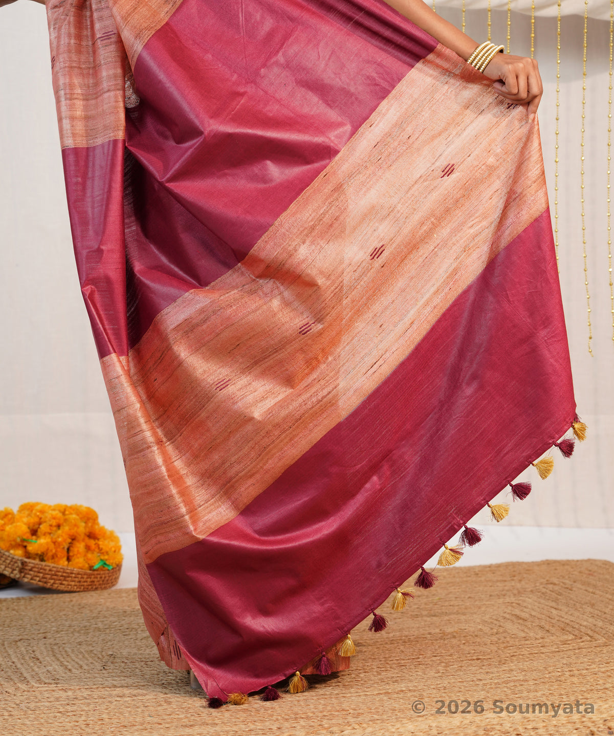 Terracotta Tussar Ghicha Silk Saree with Wine Pallu – Bhagalpuri Handloom