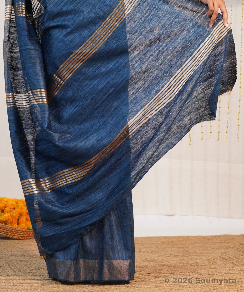 Indigo Blue Tussar Ghicha Silk Saree with Zari Border – Bhagalpuri Handloom