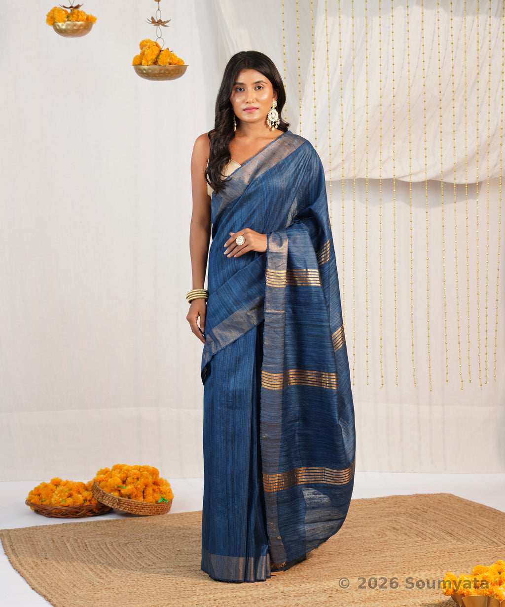 Indigo Blue Tussar Ghicha Silk Saree with Zari Border – Bhagalpuri Handloom