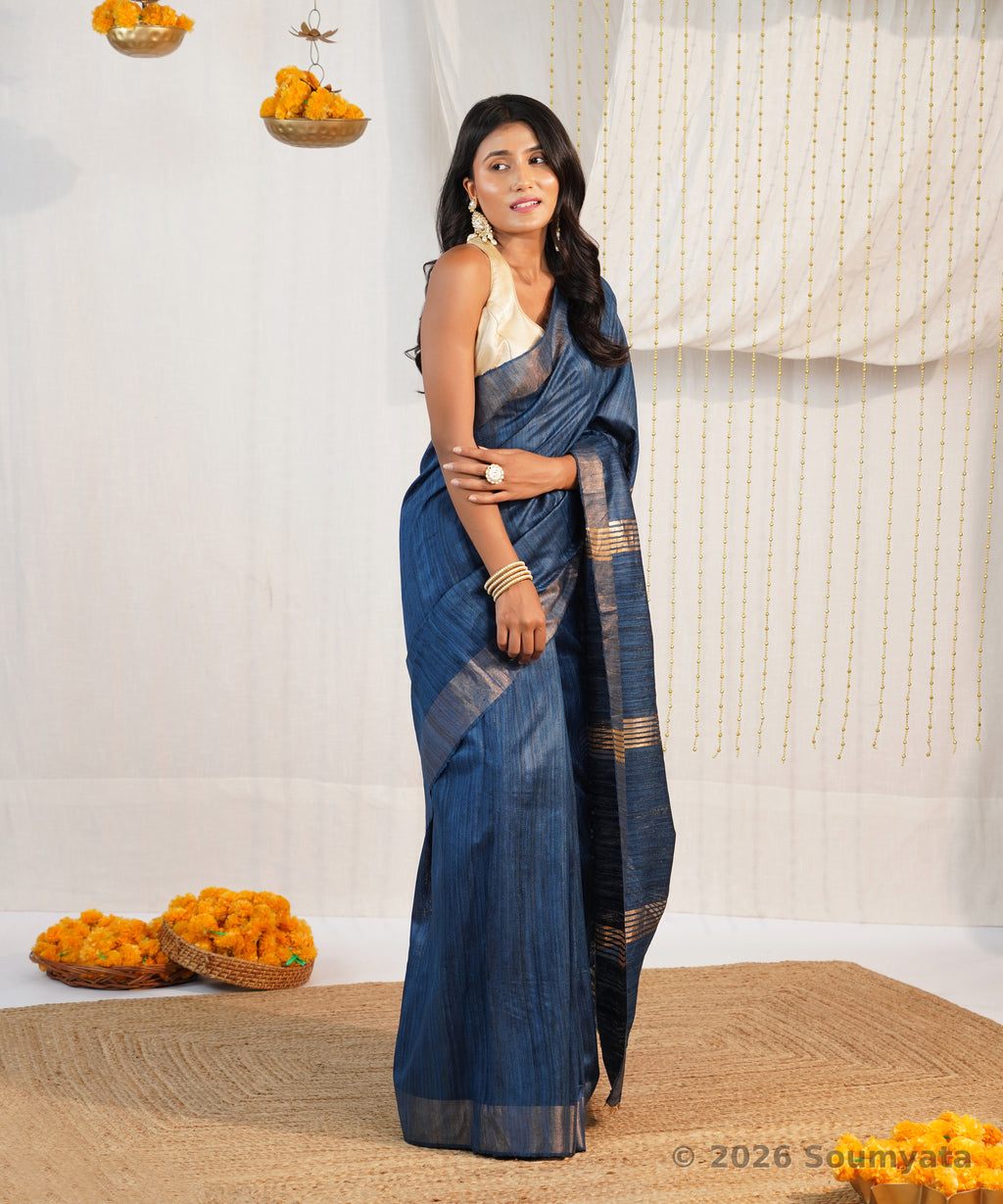 Indigo Blue Tussar Ghicha Silk Saree with Zari Border – Bhagalpuri Handloom
