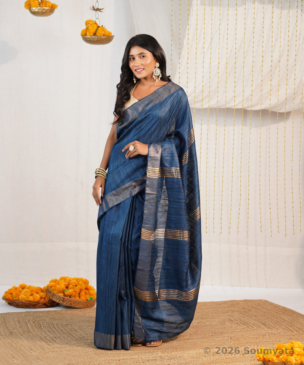 Indigo Blue Tussar Ghicha Silk Saree with Zari Border – Bhagalpuri Handloom
