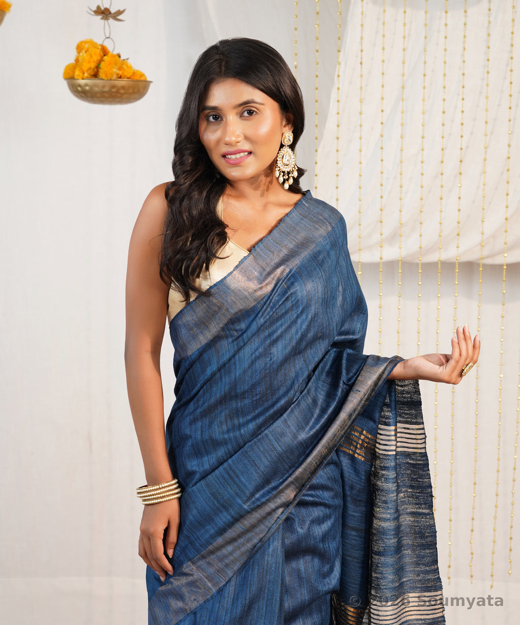 Indigo Blue Tussar Ghicha Silk Saree with Zari Border – Bhagalpuri Handloom