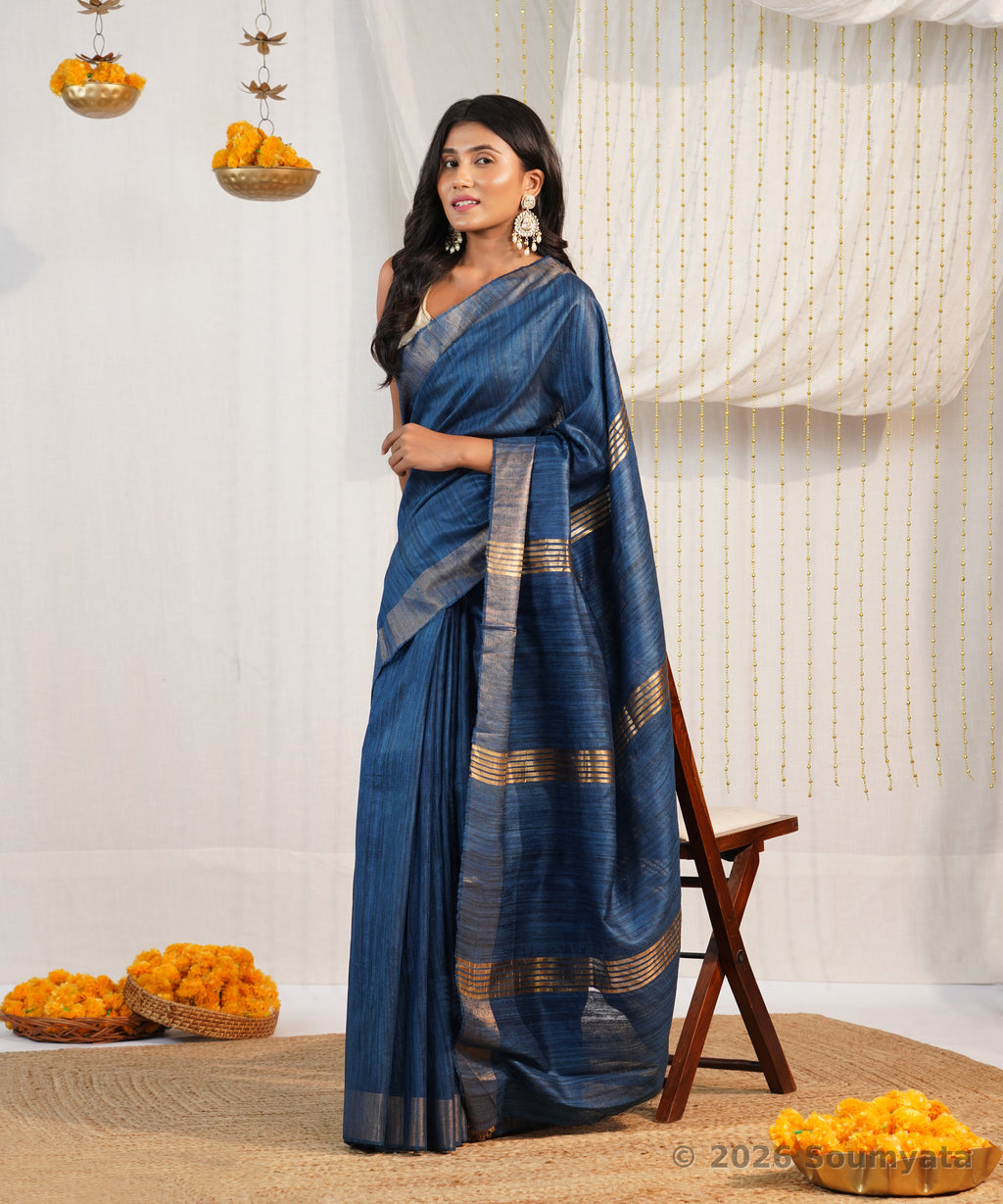 Indigo Blue Tussar Ghicha Silk Saree with Zari Border – Bhagalpuri Handloom