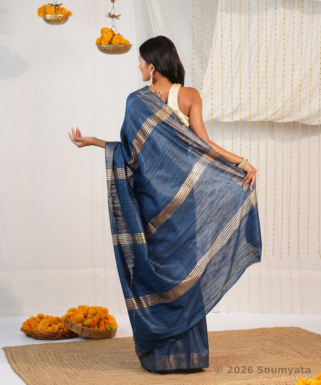 Indigo Blue Tussar Ghicha Silk Saree with Zari Border – Bhagalpuri Handloom