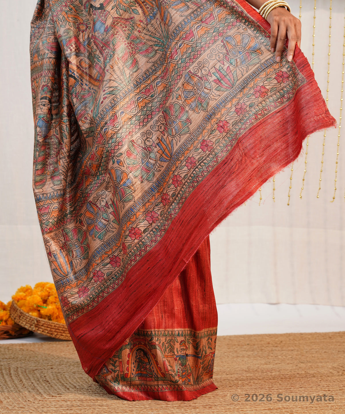 Vermilion Hand Painted Madhubani Tussar Ghicha Silk Saree – Bhagalpuri