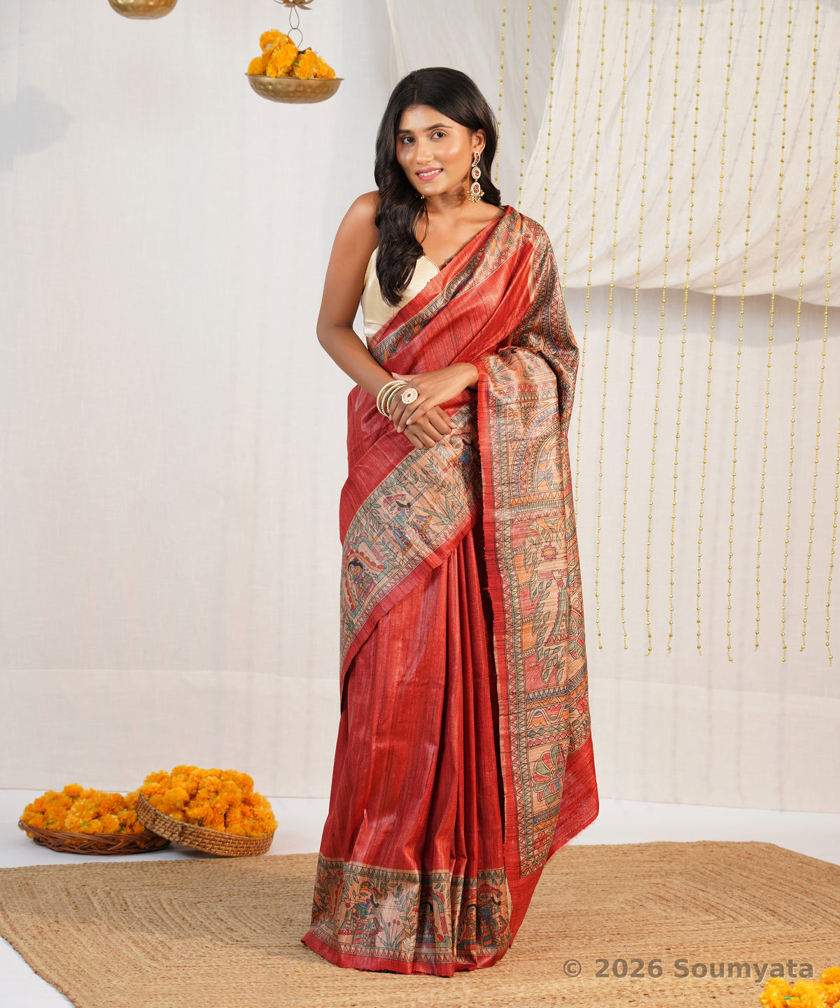 Vermilion Hand Painted Madhubani Tussar Ghicha Silk Saree – Bhagalpuri