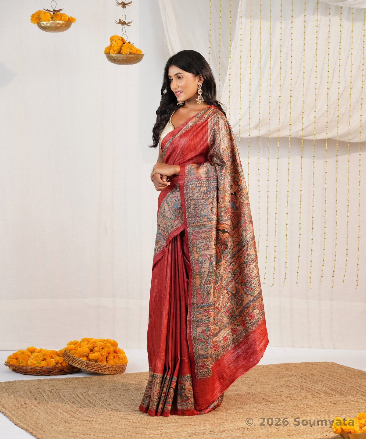 Vermilion Hand Painted Madhubani Tussar Ghicha Silk Saree – Bhagalpuri