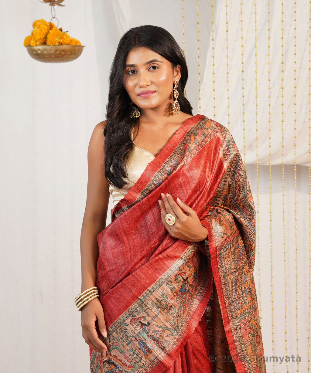 Vermilion Hand Painted Madhubani Tussar Ghicha Silk Saree – Bhagalpuri