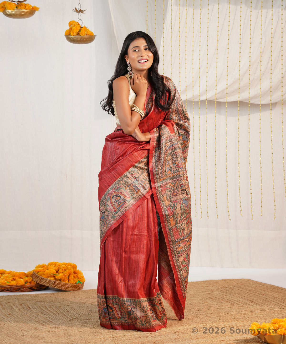 Vermilion Hand Painted Madhubani Tussar Ghicha Silk Saree – Bhagalpuri