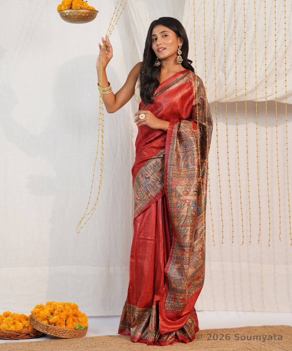 Vermilion Hand Painted Madhubani Tussar Ghicha Silk Saree – Bhagalpuri