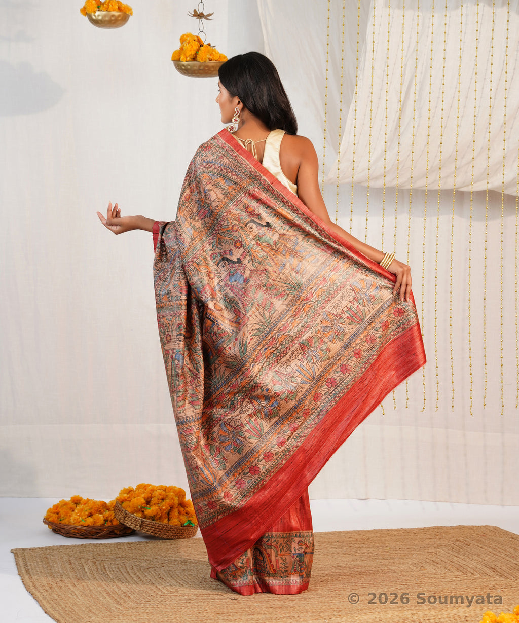 Vermilion Hand Painted Madhubani Tussar Ghicha Silk Saree – Bhagalpuri