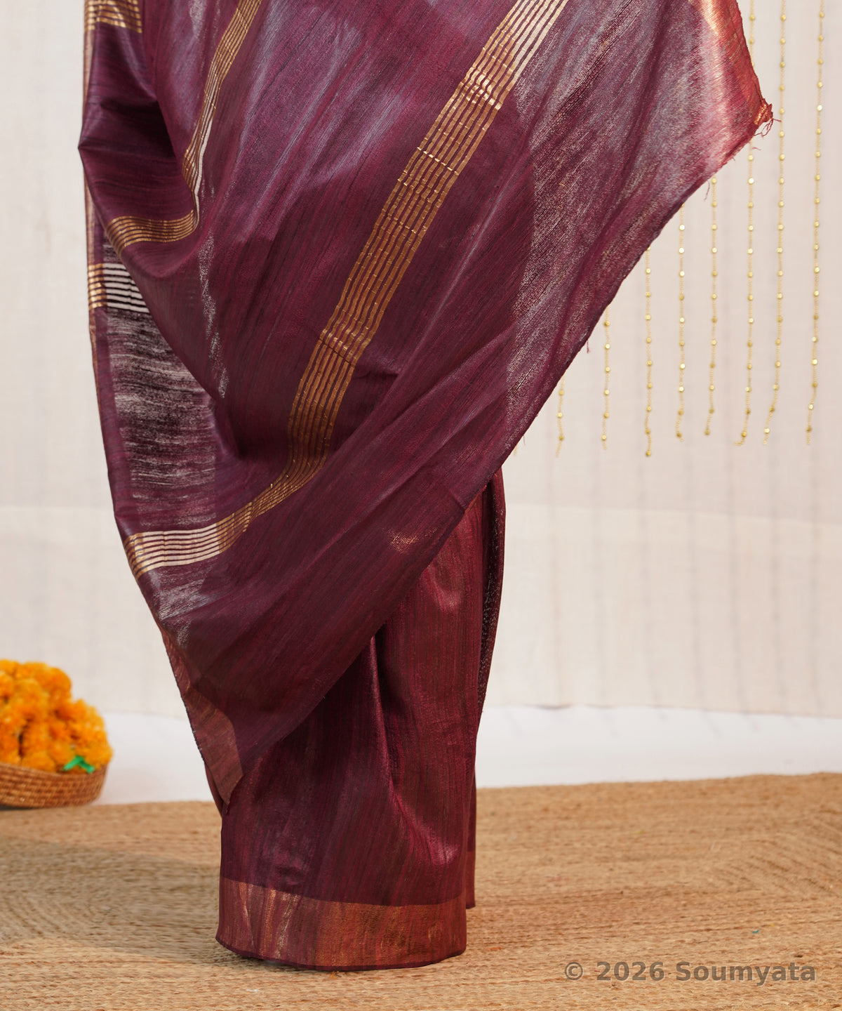 Wine Tussar Ghicha Silk Saree with Zari Stripes – Bhagalpuri Handloom