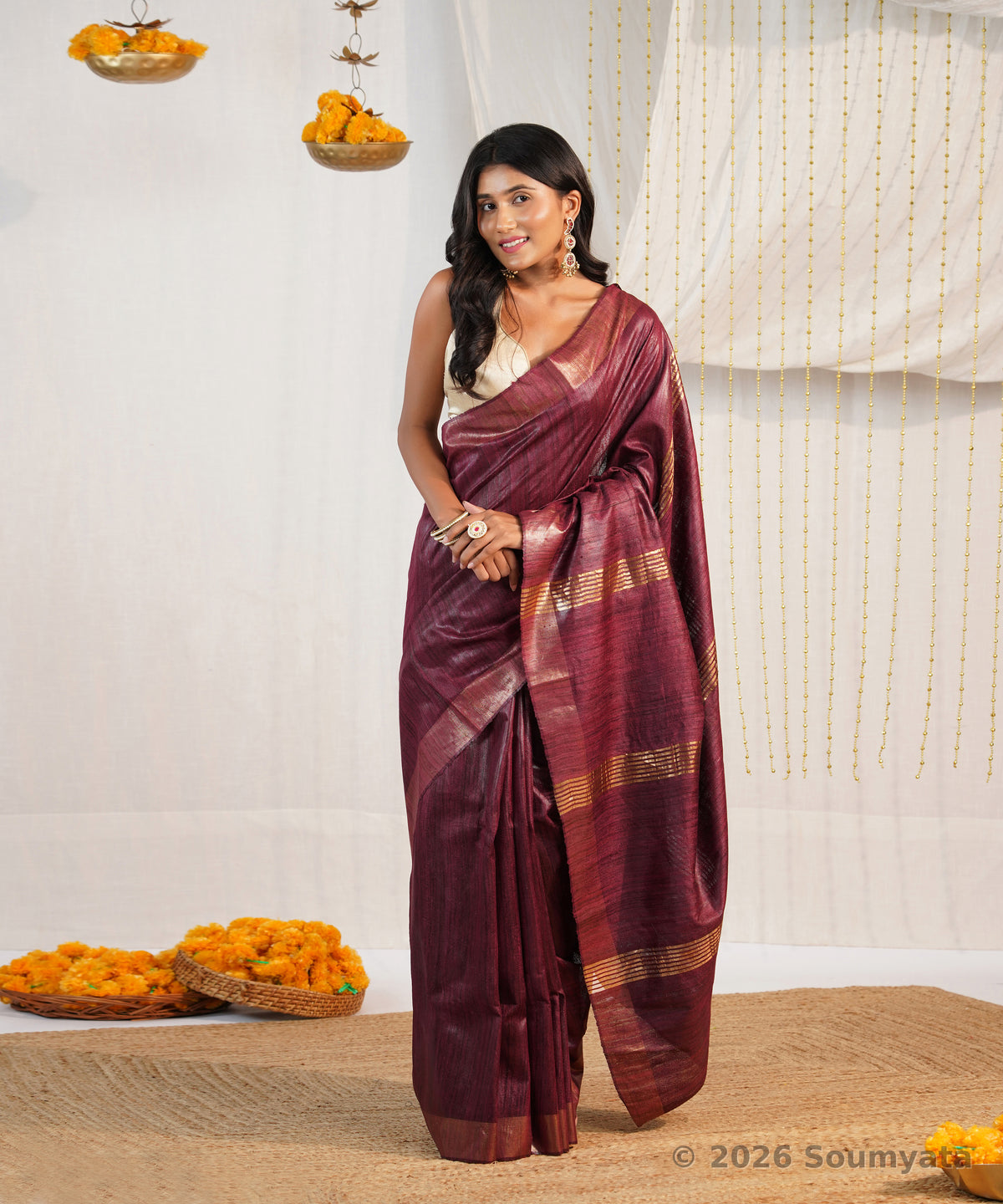 Wine Tussar Ghicha Silk Saree with Zari Stripes – Bhagalpuri Handloom