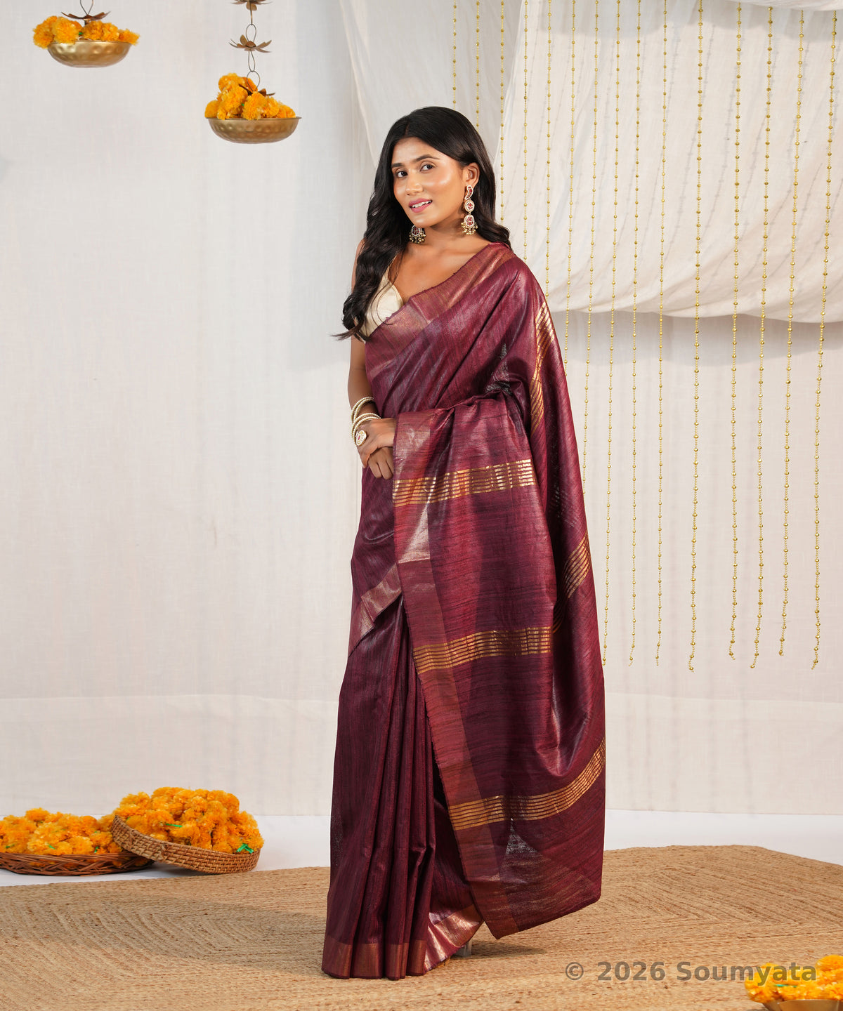Wine Tussar Ghicha Silk Saree with Zari Stripes – Bhagalpuri Handloom