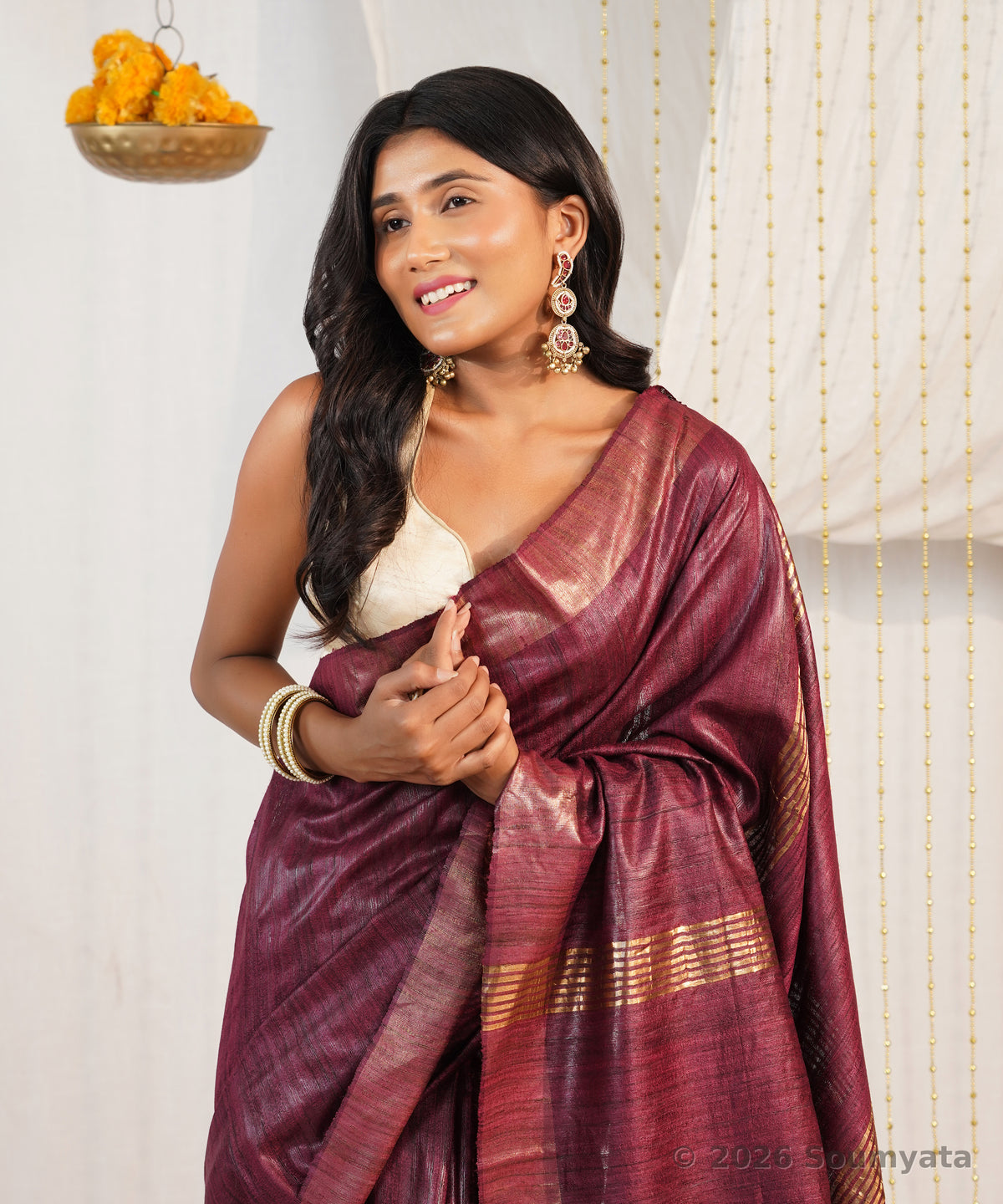 Wine Tussar Ghicha Silk Saree with Zari Stripes – Bhagalpuri Handloom