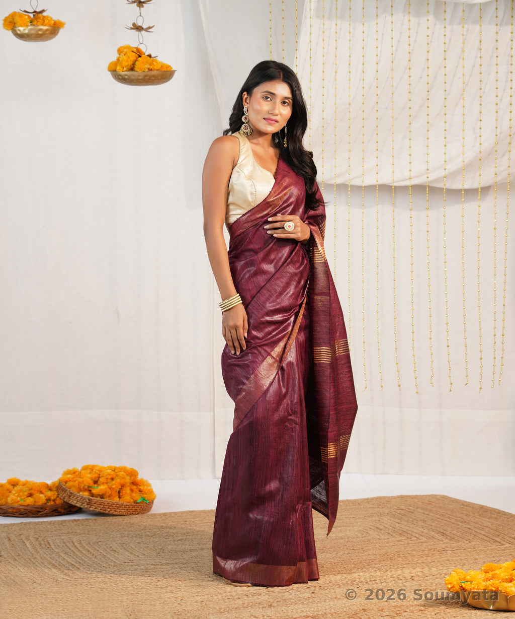 Wine Tussar Ghicha Silk Saree with Zari Stripes – Bhagalpuri Handloom