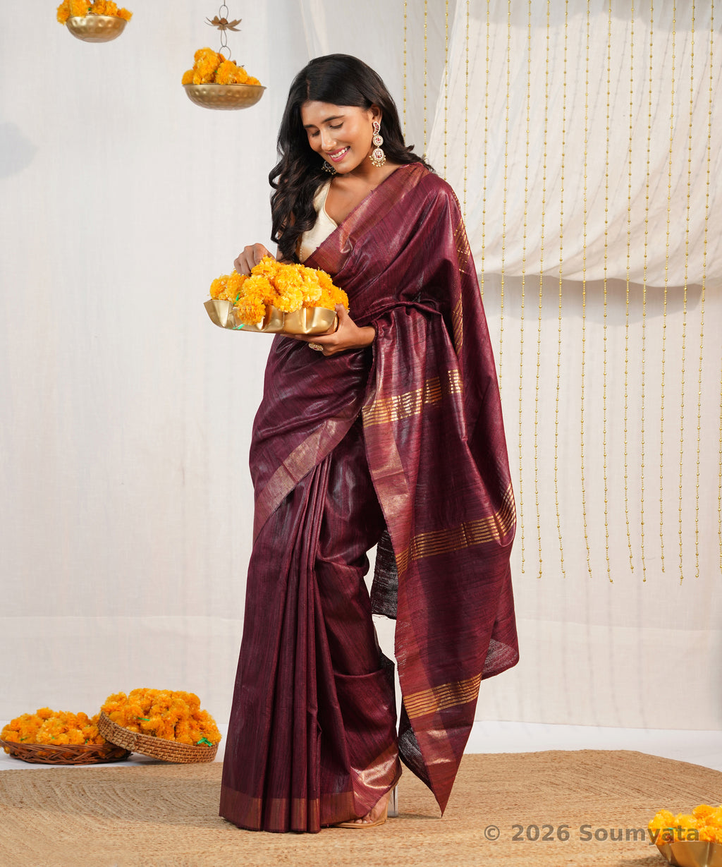 Wine Tussar Ghicha Silk Saree with Zari Stripes – Bhagalpuri Handloom