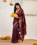 Wine Tussar Ghicha Silk Saree with Zari Stripes – Bhagalpuri Handloom