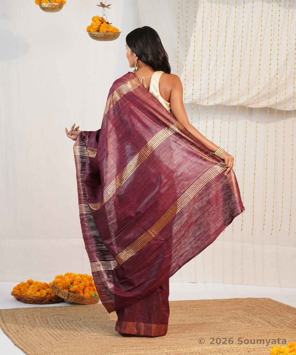 Wine Tussar Ghicha Silk Saree with Zari Stripes – Bhagalpuri Handloom