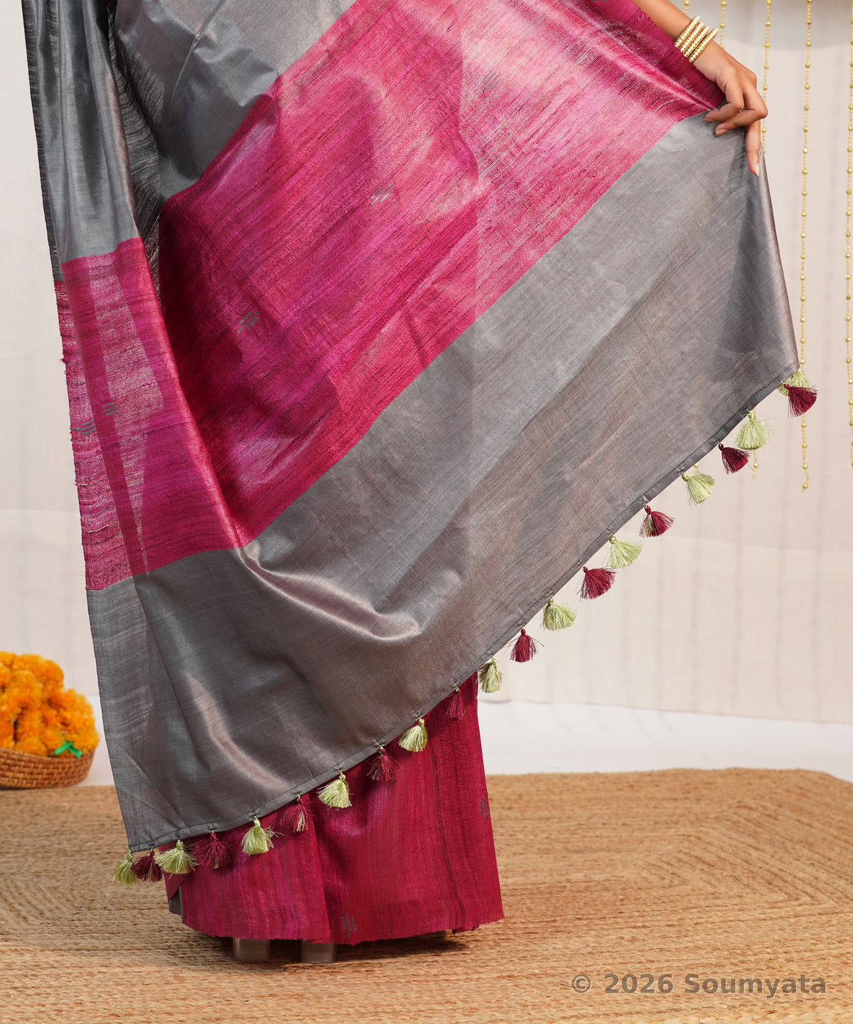 Rani Pink Tussar Ghicha Silk Saree with Grey Pallu – Bhagalpuri Handloom