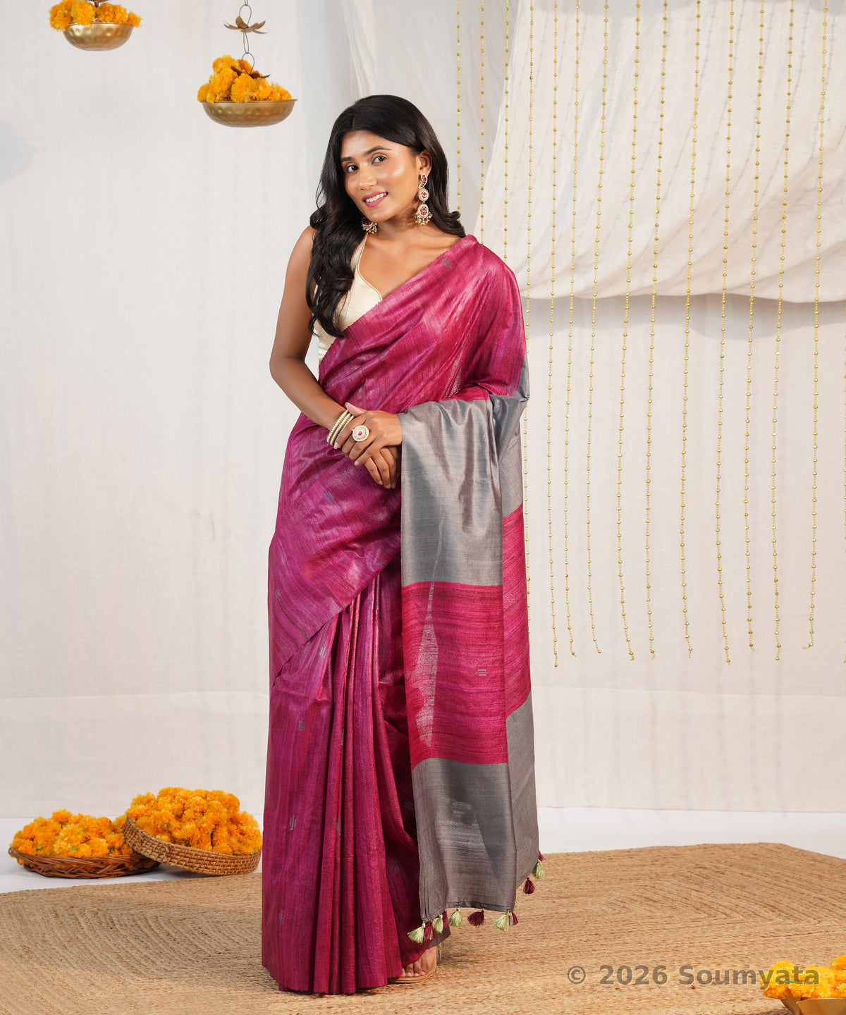 Rani Pink Tussar Ghicha Silk Saree with Grey Pallu – Bhagalpuri Handloom