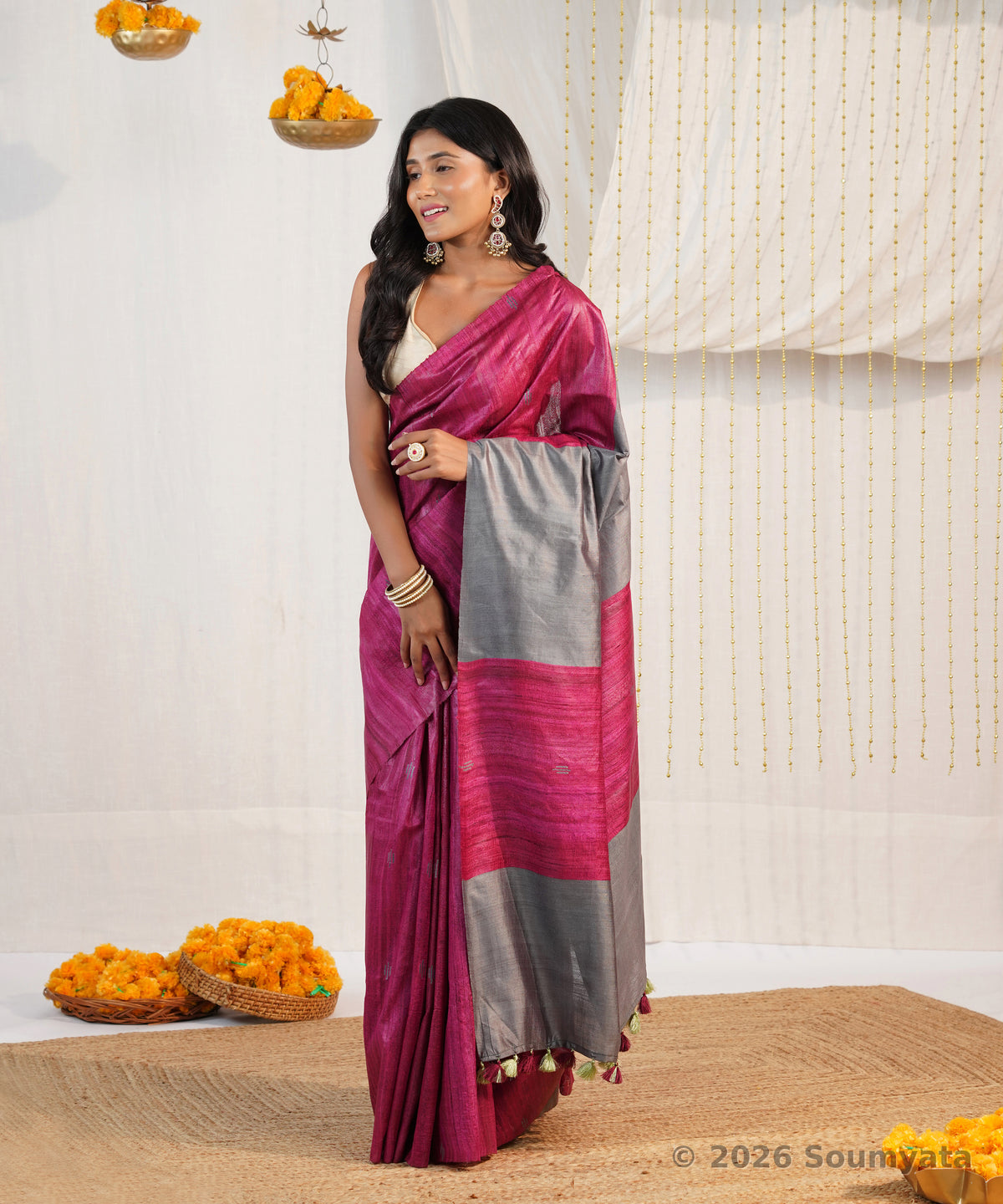 Rani Pink Tussar Ghicha Silk Saree with Grey Pallu – Bhagalpuri Handloom