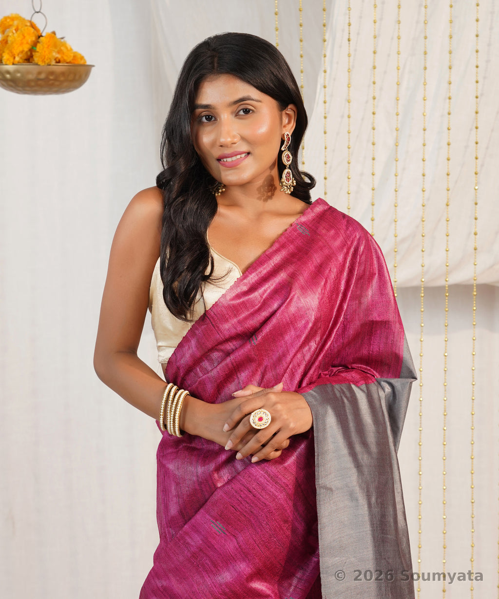 Rani Pink Tussar Ghicha Silk Saree with Grey Pallu – Bhagalpuri Handloom