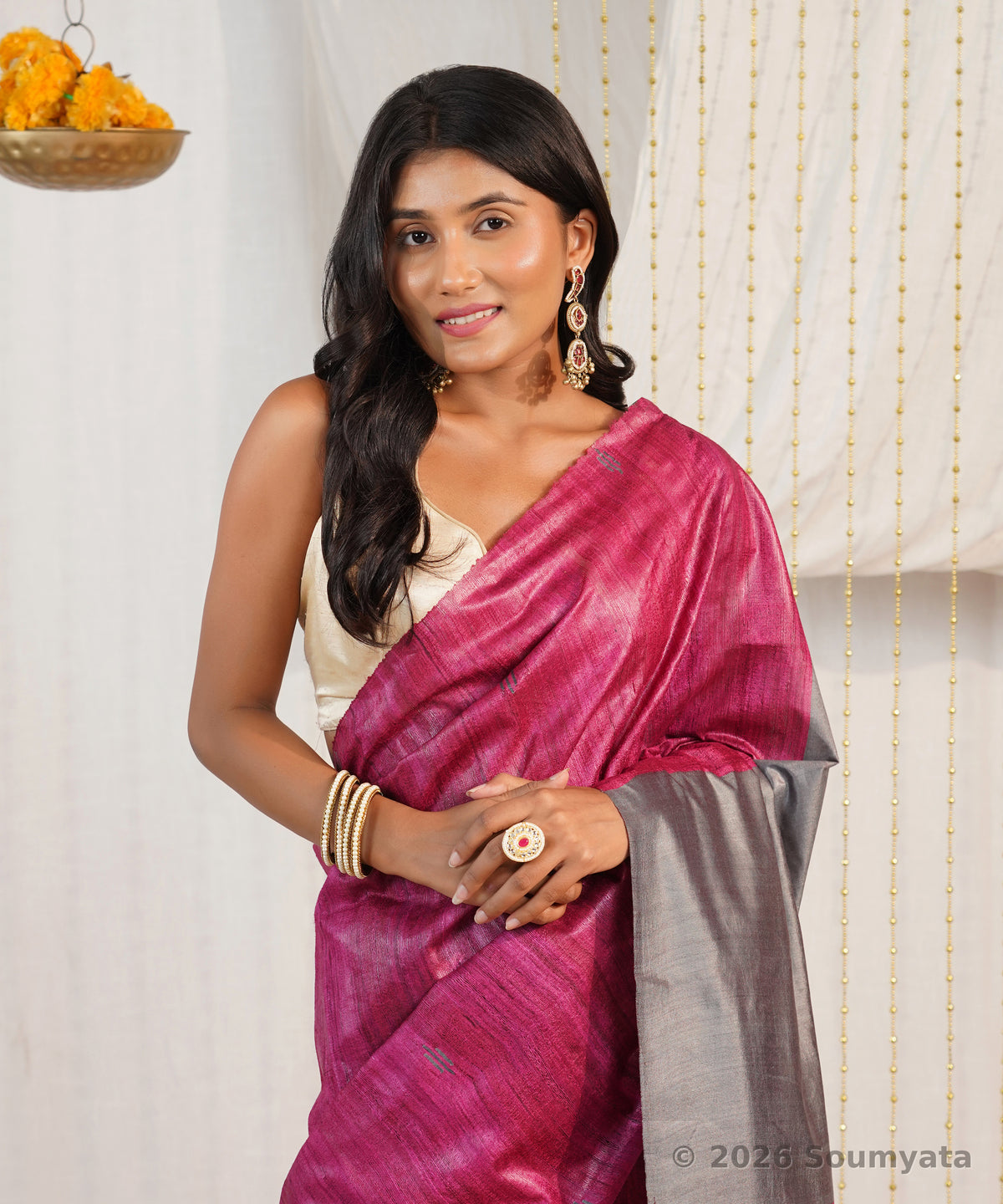 Rani Pink Tussar Ghicha Silk Saree with Grey Pallu – Bhagalpuri Handloom