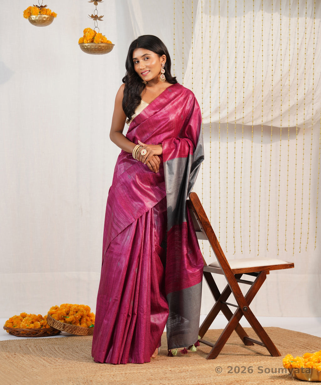 Rani Pink Tussar Ghicha Silk Saree with Grey Pallu – Bhagalpuri Handloom