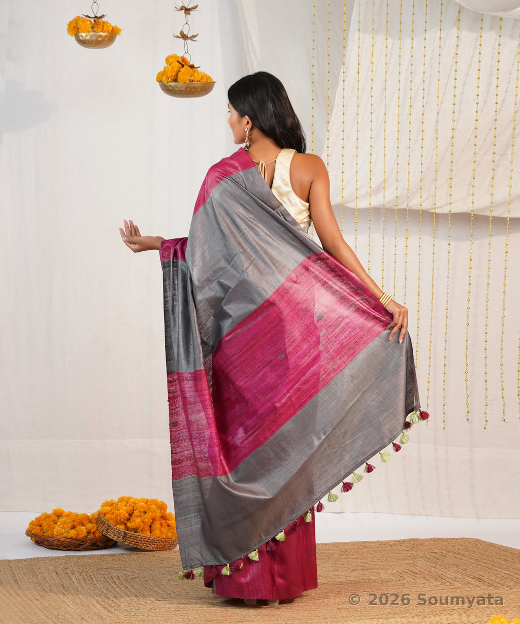 Rani Pink Tussar Ghicha Silk Saree with Grey Pallu – Bhagalpuri Handloom