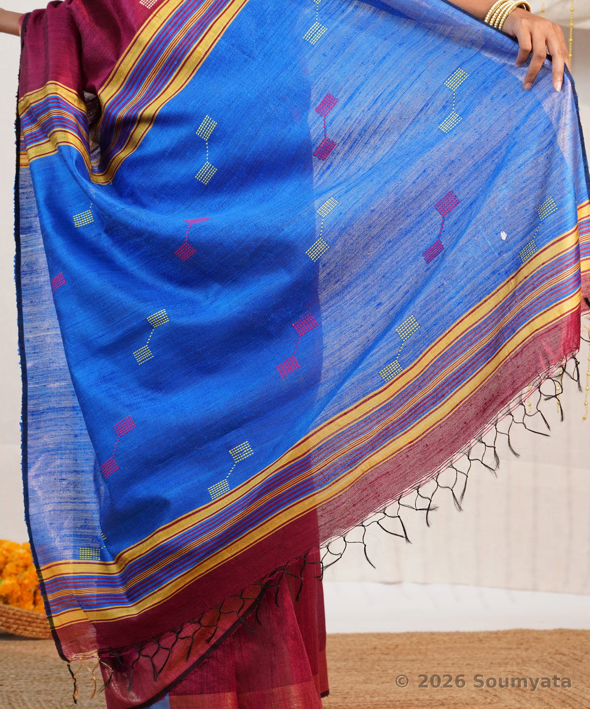 Wine and Royal Blue Dupion Silk Saree with Woven Butis – Bhagalpuri
