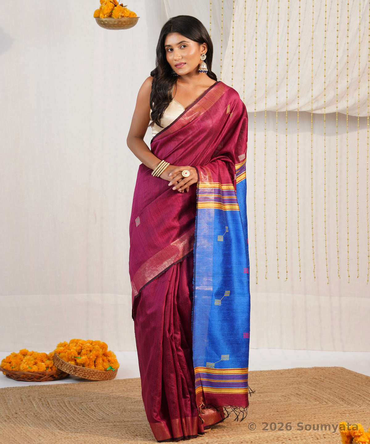 Wine and Royal Blue Dupion Silk Saree with Woven Butis – Bhagalpuri