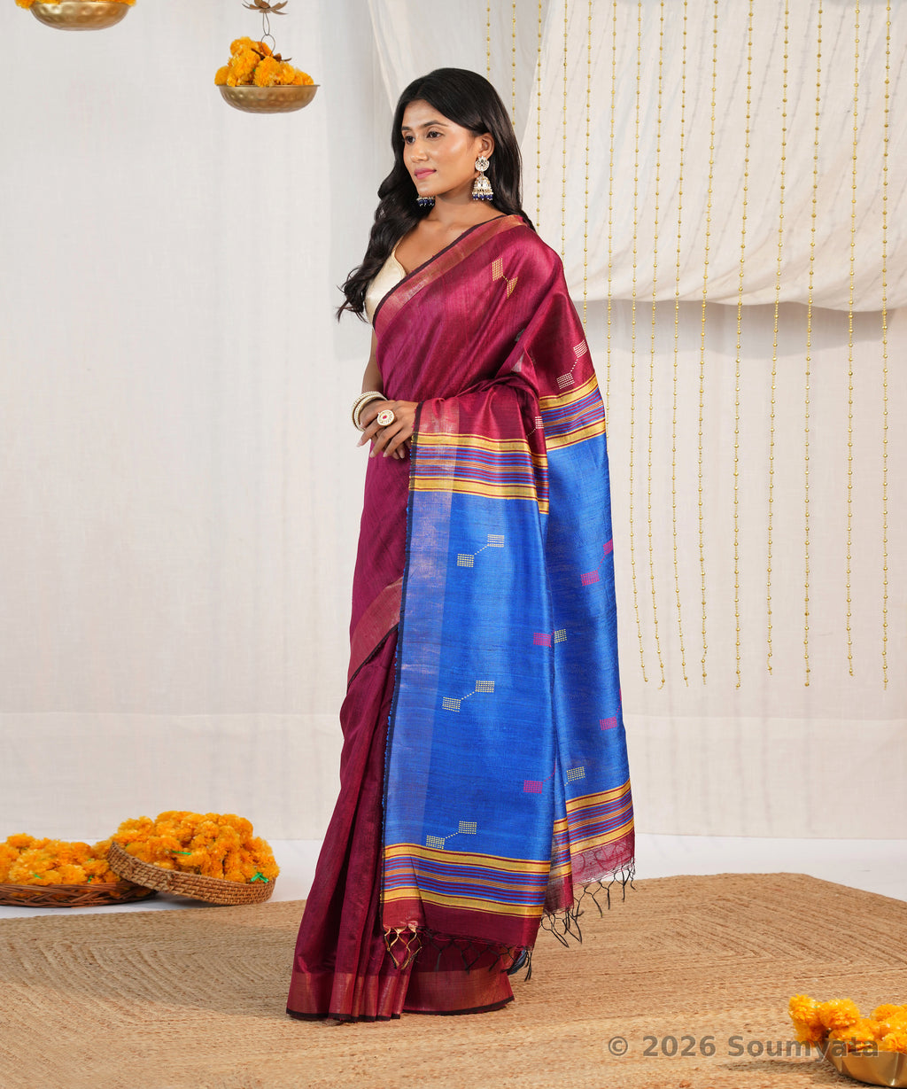 Wine and Royal Blue Dupion Silk Saree with Woven Butis – Bhagalpuri