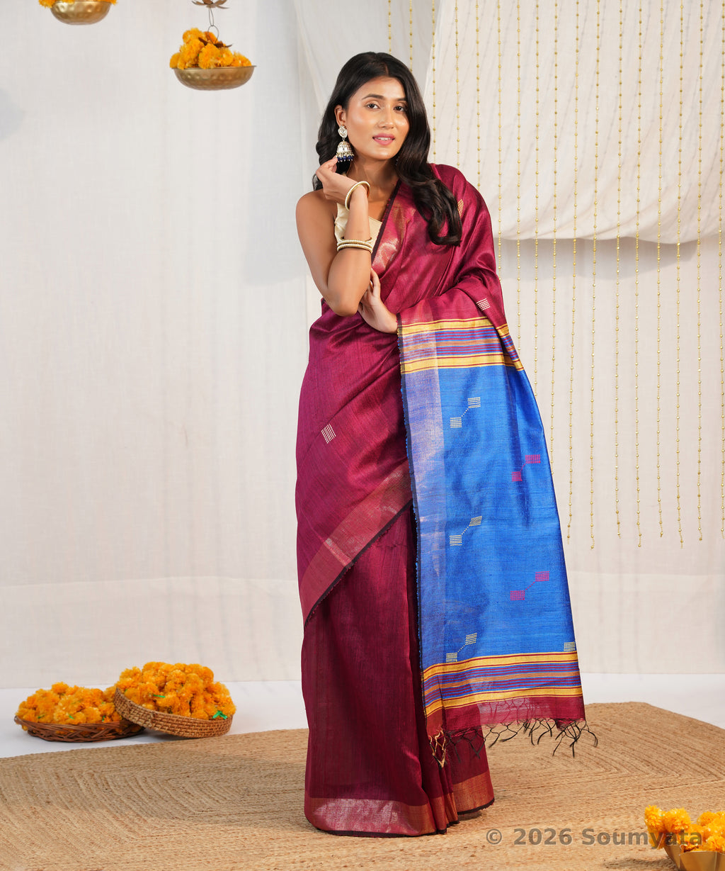 Wine and Royal Blue Dupion Silk Saree with Woven Butis – Bhagalpuri