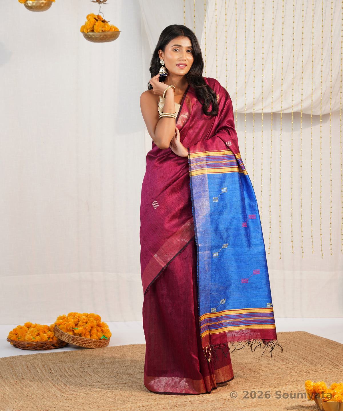 Wine and Royal Blue Dupion Silk Saree with Woven Butis – Bhagalpuri