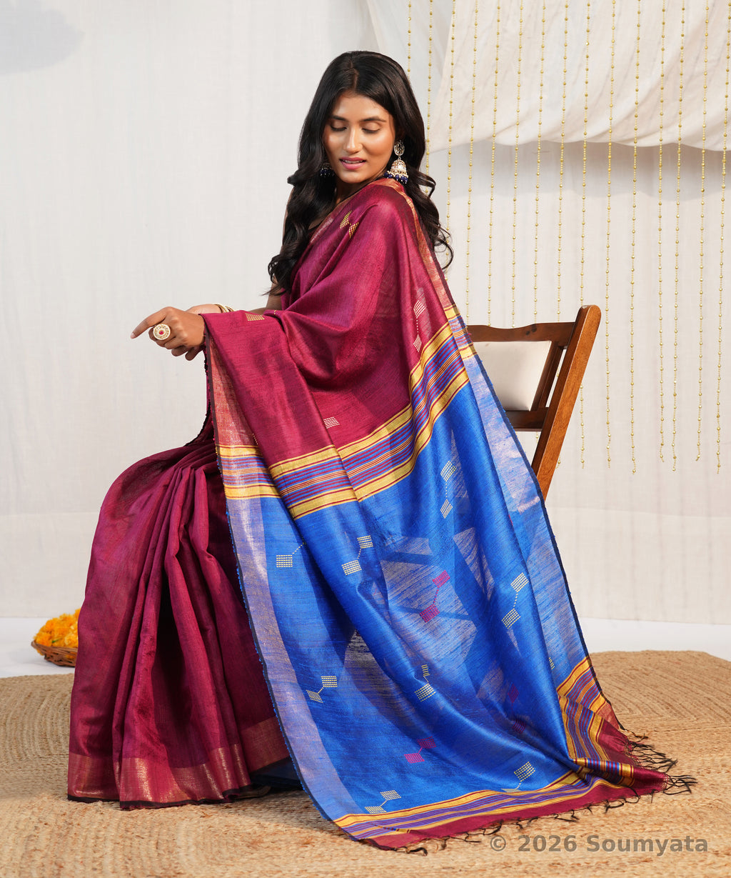 Wine and Royal Blue Dupion Silk Saree with Woven Butis – Bhagalpuri